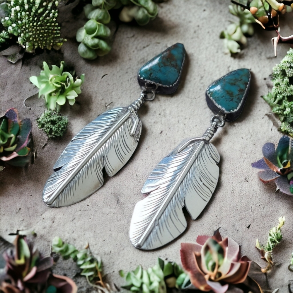 Signed NAVAJO BEN BEGAYE Turquoise Sterling Feather Earrings - Picture 5 of 11